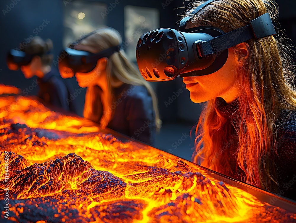 Poster virtual reality classroom students exploring volcano lava and geology details in 3d immersive simula