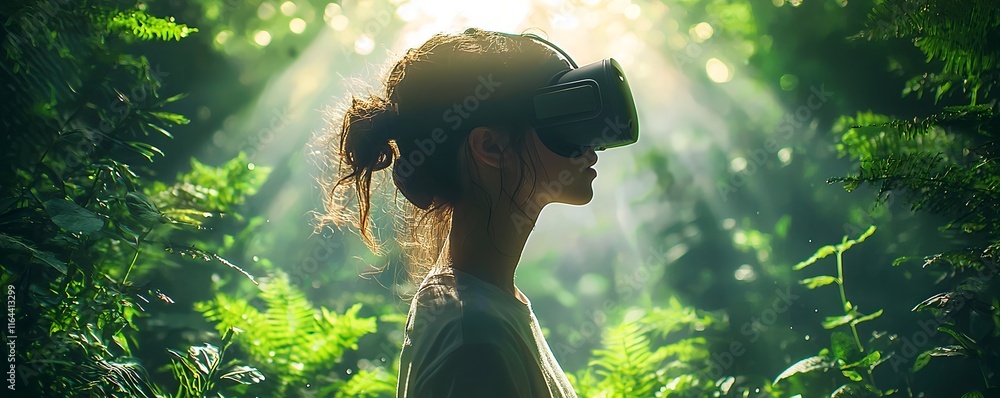 Poster young student exploring vr forest to learn about ecosystems plants and animals in virtual classroom 