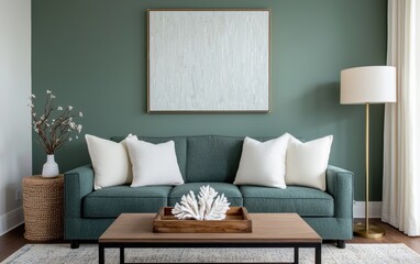 Modern living room with green walls, stylish couch, and decor