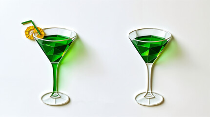 artwork depicting green cocktails with green liquid. The style features a folded paper look and geometric precision. Green and yellow accents are present