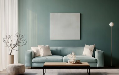 Modern Living Room Interior with Green Wall and Minimalist Decor