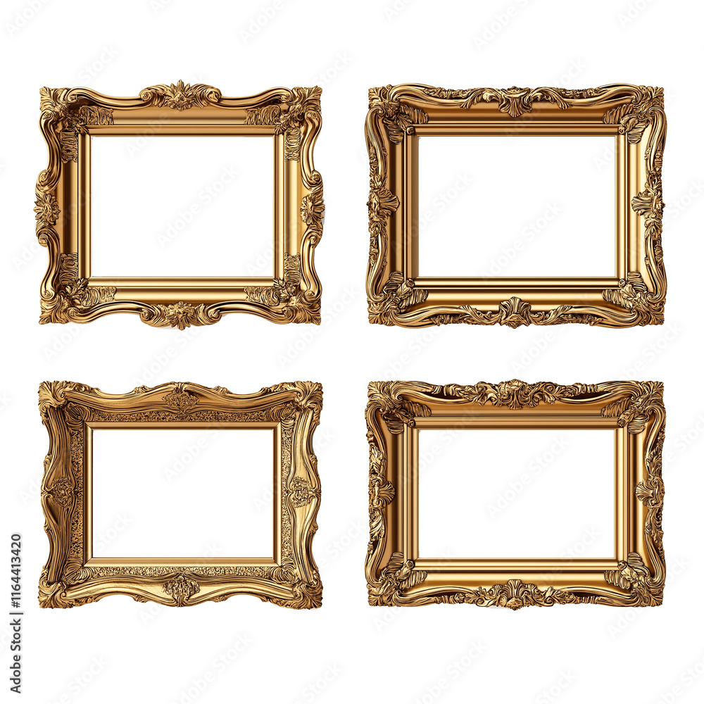 Poster Four empty golden ornate frames isolated on white background