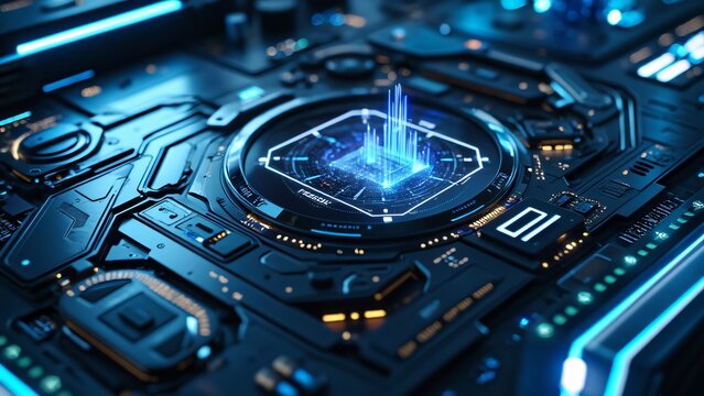 Futuristic Circuit Board with Data Visualization, Abstract Technology Background, AI-Generated Digital Art