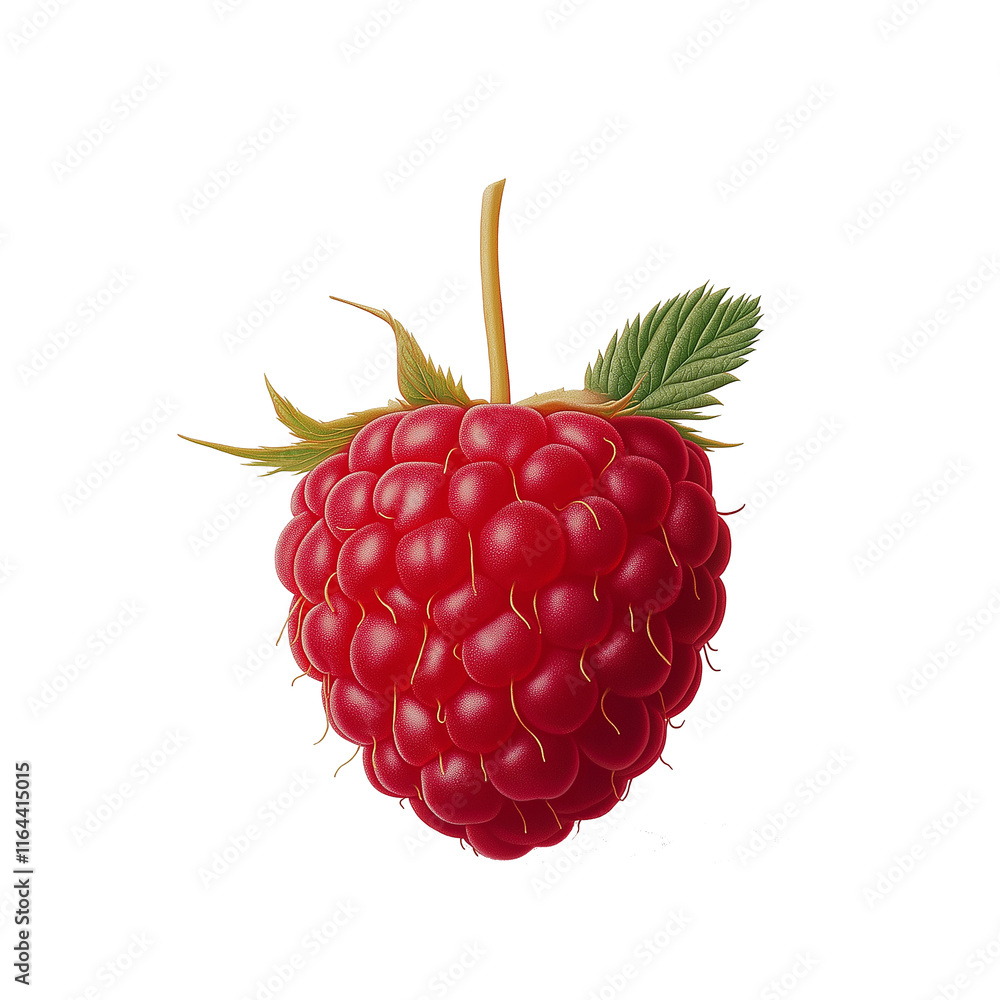 Poster ripe red raspberry hanging on a stem with green leaves on white background