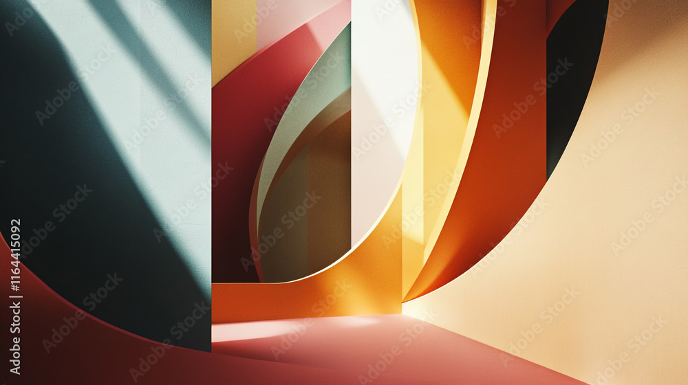 Poster abstract geometric shapes create a vibrant mix of colors and shadows in a creative space