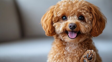 Adorable Toy Poodle puppy portrait, paws up, smiling.