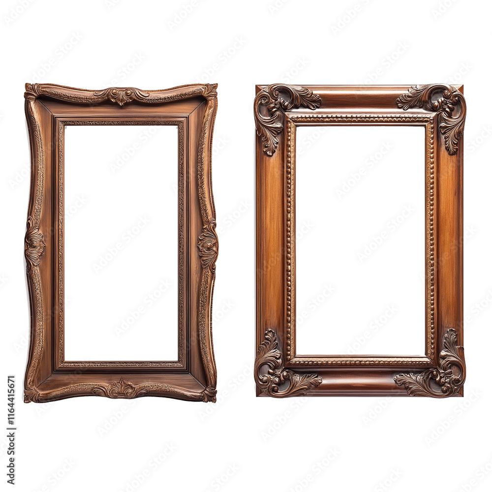 Poster Two empty wooden frames with ornate carvings isolated on white background