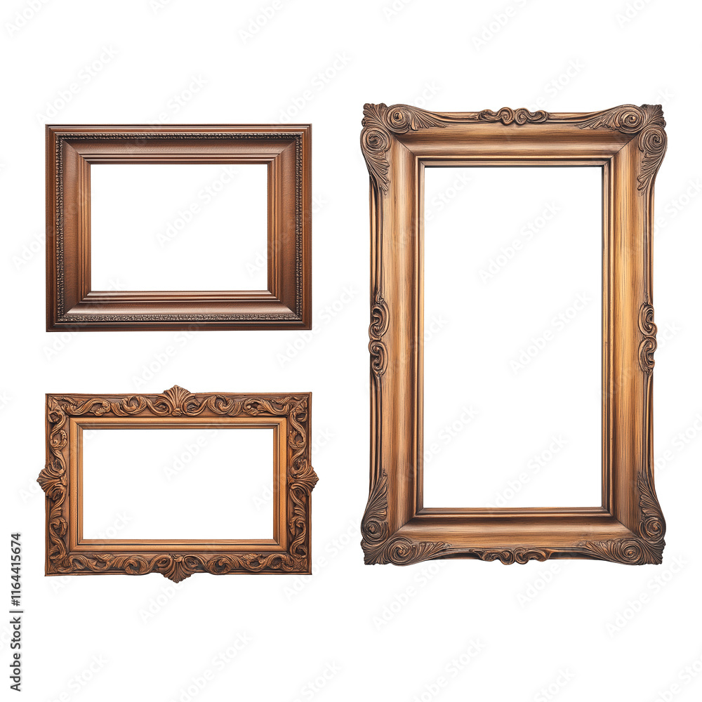 Poster three empty wooden picture frames with ornate and simple designs hanging on white background