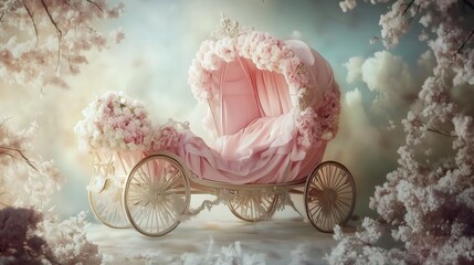 Newborn pink princess vintage carriage digital backdrop, baby photography background, floral fairytale theme.