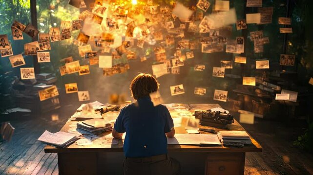 Inspired writer surrounded by vintage photos illuminated by sunlight