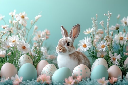 Niedlicher Osterhase mit pastellfarbenen Eiern und Fr&uuml;hlingsblumen