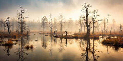 Fototapeta premium Serene autumnal marsh landscape at dawn with tranquil waters reflecting the silhouettes of leafless trees in a misty atmosphere