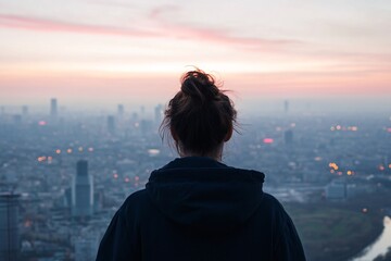Fototapeta premium Woman Contemplating Cityscape at Sunset Urban Dreams Hopeful Future