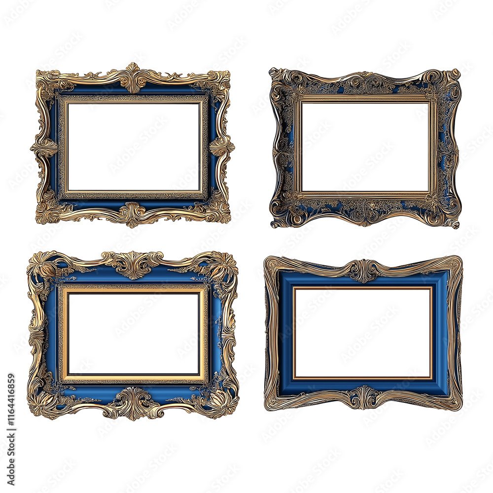 Poster four empty baroque frames with blue and gold borders displaying white background