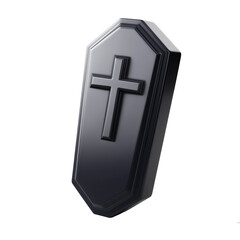Black coffin with christian cross floating on white background representing death and burial