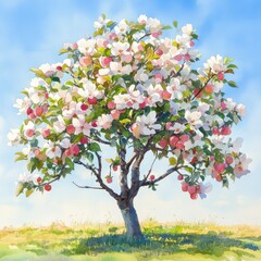 Blossoming Apple Tree with White Flowers and Pink Fruits Under Sky