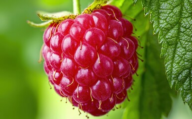 Fresh and Juicy Raspberry Fruit on Green Background Close-Up