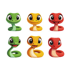 Obraz premium Six cute cartoon snakes showing different expressions