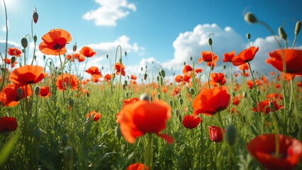 Obraz premium Majestic Crimson Red Poppy Field, Sun-Drenched Meadow of Vibrant Flowers Swaying Gently in Breeze Under a Clear Blue Sky