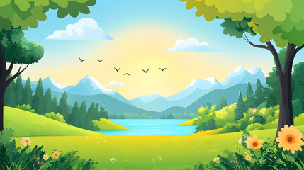 Fototapeta premium Beautiful landscape with mountains, lake, and trees under a clear sky during daytime