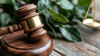 A wooden gavel rests on a table, with greenery in the background, symbolizing justice and the legal system.