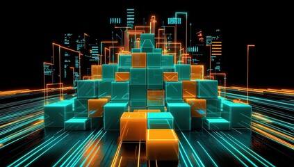 Futuristic blocks in vibrant teal and orange assembling into a pyramid