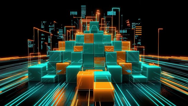 Futuristic blocks in vibrant teal and orange assembling into a pyramid