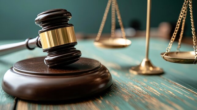 Courtroom justice action legal setting image of gavel and scales professional environment close-up view law concept