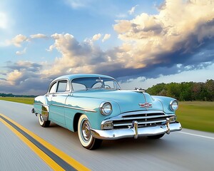 Naklejka premium Vintage blue classic car driving on highway, classic car driving on open road under sky, classic car driving on scenic countryside road ,Vintage Car on Scenic Road