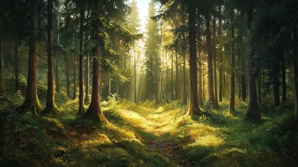 Obraz premium A sunlit forest scene showcasing tall trees with dense green foliage, a winding path lit by golden sunlight filtering through the leaves, and a soft, lush carpet of grass and underbrush, creating a tr