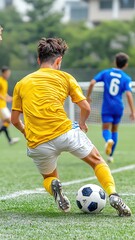 Obraz premium Soccer player in yellow jersey kicking football on field, soccer player kicking football on green field, soccer player in action kicking football during match ,Soccer Player Action Sports Photography