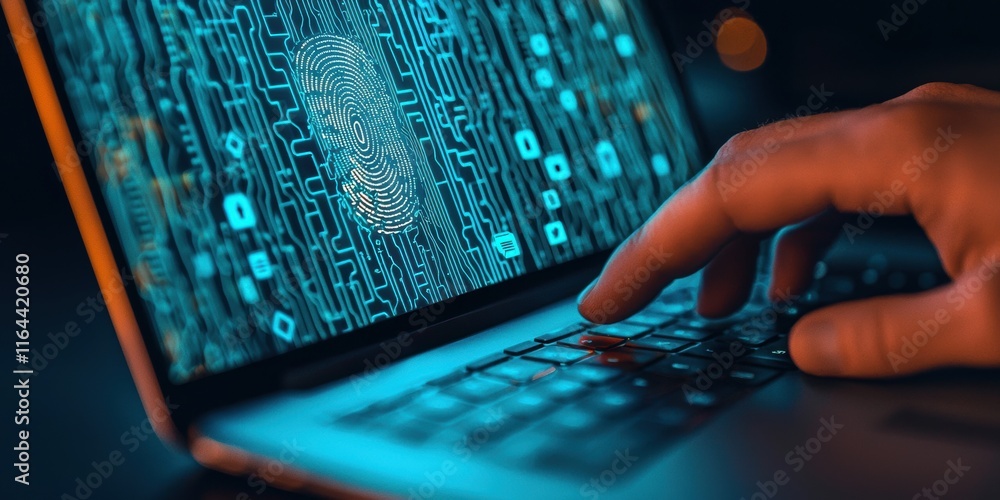 Poster high-tech fingerprint recognition on laptop with digital background
