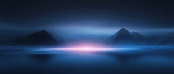 A mountain range is reflected in the water