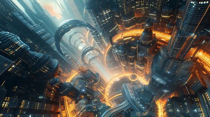 A futuristic cityscape with buildings twisting and spiraling, creating a dynamic dimension.