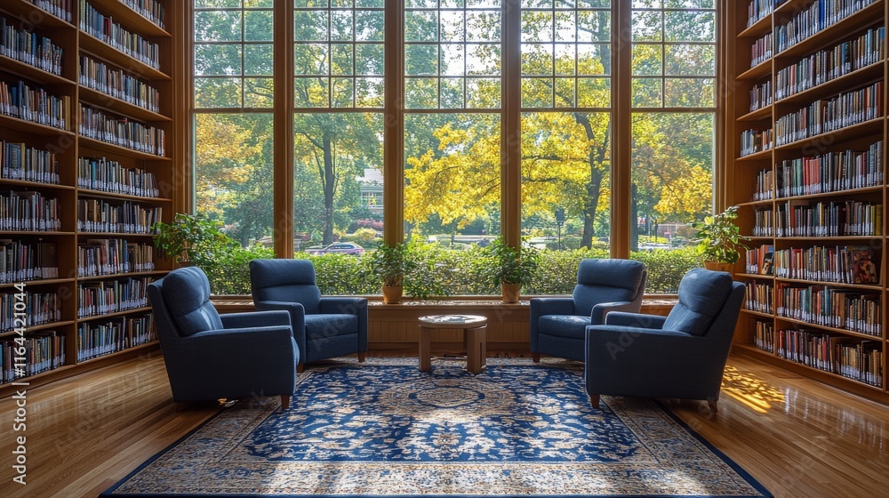 Aufkleber Comfortable chairs are arranged around a small table in a library filled with books. Sunlight filters through tall windows, showcasing bright autumn foliage outside.