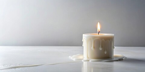 A single, melting pillar candle with a flickering flame sits on a smooth, light surface.
