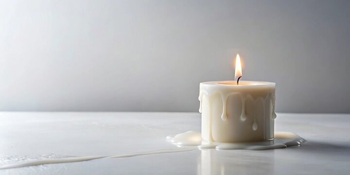 A single, melting pillar candle with a flickering flame sits on a smooth, light surface.