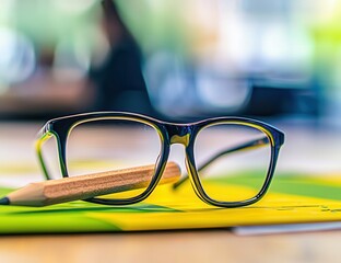 Glasses resting near bold yellow and green strategy materials, a pencil ready to annotate
