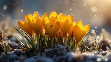 Radiant Dew-Kissed Yellow Crocus Flowers in Snowy Winter Landscape, Cluster of Spring Blooms Unfurling Vibrant Purple Stamens