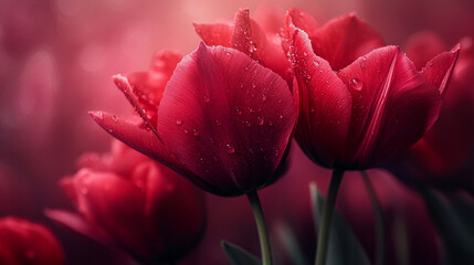 Vibrant red tulips with dew glistening in soft morning light at a garden