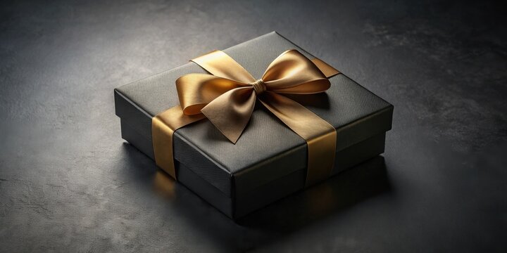 A sophisticated black gift box adorned with a golden ribbon bow, perfect for a special occasion