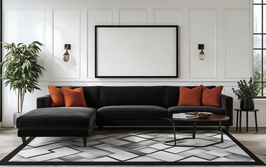 Fototapeta premium Modern living room interior with black sectional sofa, rug, coffee table, and blank frame.