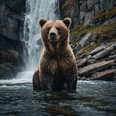 Obraz premium A bear cub in a protective cage in front of a mountain waterfall.