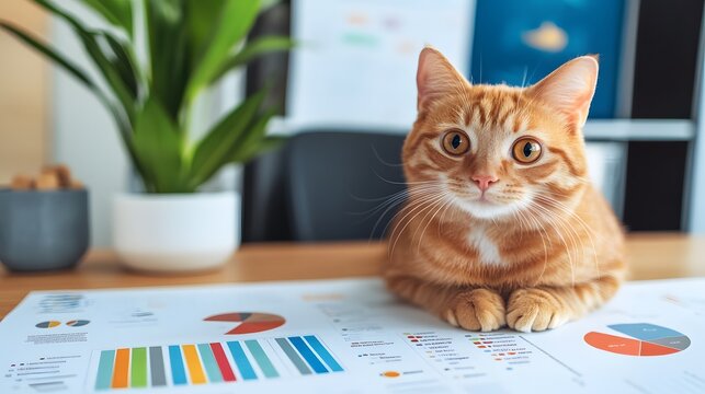 Orange tabby cat with curious look, sitting on desk with colorful graphs and charts. - Powered by Adobe