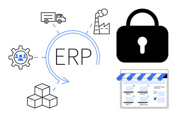 ERP system surrounded by gear with people, truck, factory, lock, cubes, and online store window. Ideal for business management, supply chain, IT security production planning e-commerce logistics