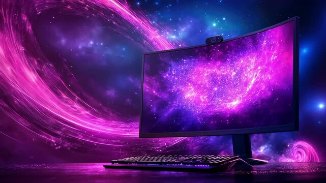 Futuristic gaming setup with cosmic neon swirl in background