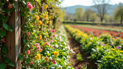 Vibrant Spring Farm Scene, Lush Flowers, Blooming Vines, and Tender Sprouts in Sunny Garden