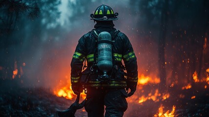 Fototapeta premium Firefighter in Gear Walking Through Flames