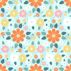 Seamless Floral Pattern with Orange, Yellow, Pink, and White Flowers and Green Leaves on Light Blue Background