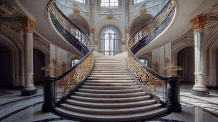 An elegant and grand interior view of a luxurious staircase featuring ornate details and intricate balustrades. The staircase curves gracefully upwards, flanked by beautifully crafted columns and larg